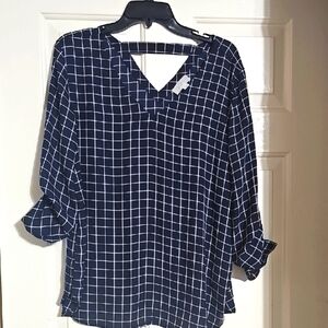 LOFT Blue and White 3/4 Sleeve Cut Out Blouse